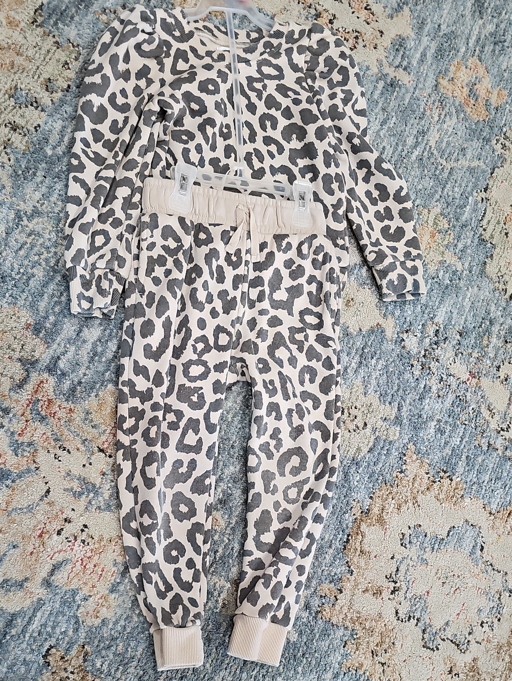 Kids Leopard Print Zip Jumpsuit and Jogger Set - Cream & Gray